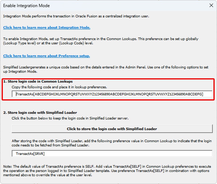 Integration Mode Codes - Simplified Loader Excel for Oracle Fusion Cloud ERP